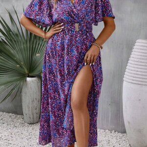 Maxi Dress Flutter Sleeve V-Neck Side Slit Belted Print Plus Size 2X 16
